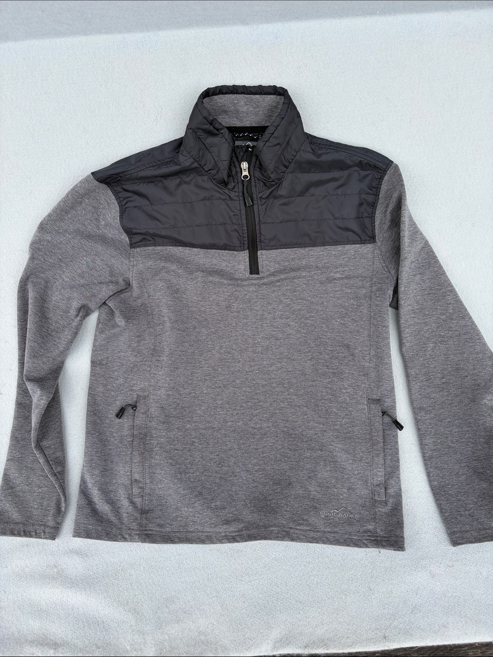 Eddie Bauer Grey Pullover Performance Jacket with Black Quilted Yoke